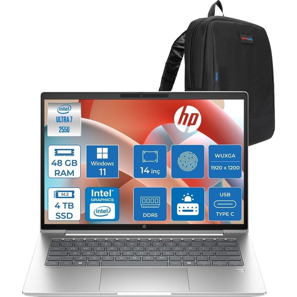 HP Probook 4 G1I Intel Ultra7 255U 48GB Ddr5 4tb SSD 14 Inch Intel® Grafik Gpu Wuxga (1920X1200) IPS 300NIT WIN11PRO Taşınabilir Bilgisayar D21PDETP20+ZETTAÇANTA