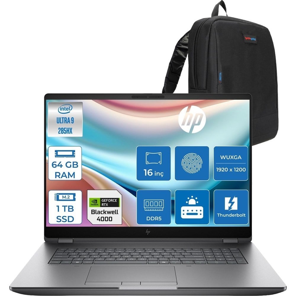 HP Zbook Fury G1I Intel Ultra 9 285HX Ddr5 64GB 1tb SSD 16GB/RTXPRO4000 Blackwell Wuxga (1920 x 1200) IPS 400NIT Wi-Fi7+Bt 5.4 Windows 11 Pro Aı Iş Istasyonu 5F9Q9ESP22 + Zettaçanta