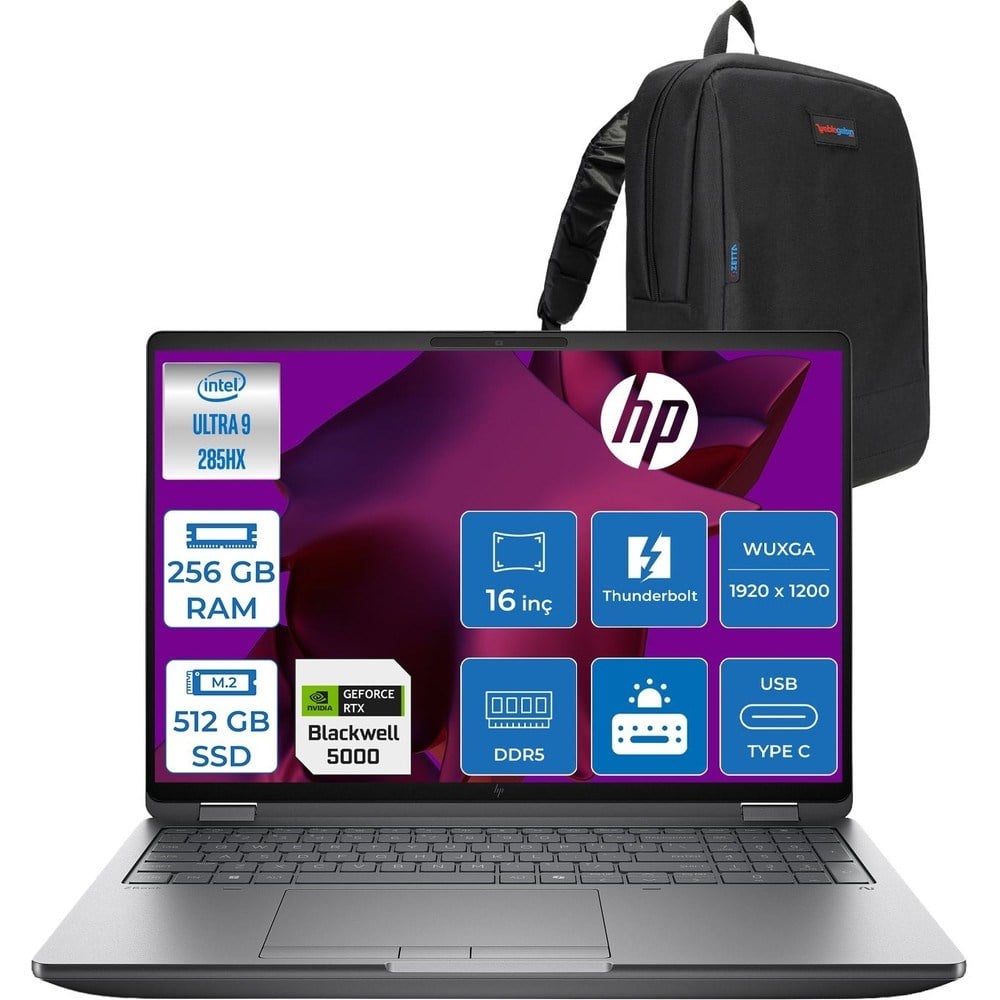 HP Zbook Fury G1I Intel Ultra 9 285HX Ddr5 256GB 512GB SSD 24GB/RTXPRO5000 Wuxga 400NITWi-Fi 7+Bt 5.4 Windows 11 Pro Aı Iş Istasyonu 5F9T8ESP63 + Zettaçanta