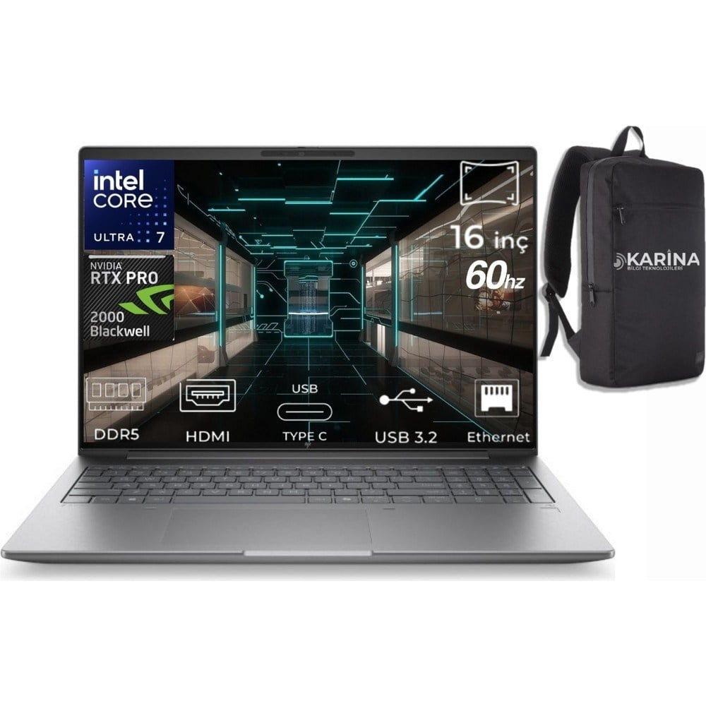HP Zbook x G1I 16 Ultra 7 265H B30HNES-K08 48GB 4tb Rtx Pro 2000 8gb W11PRO 16'' Taşınabilir Iş Istasyonu & Karina Çanta