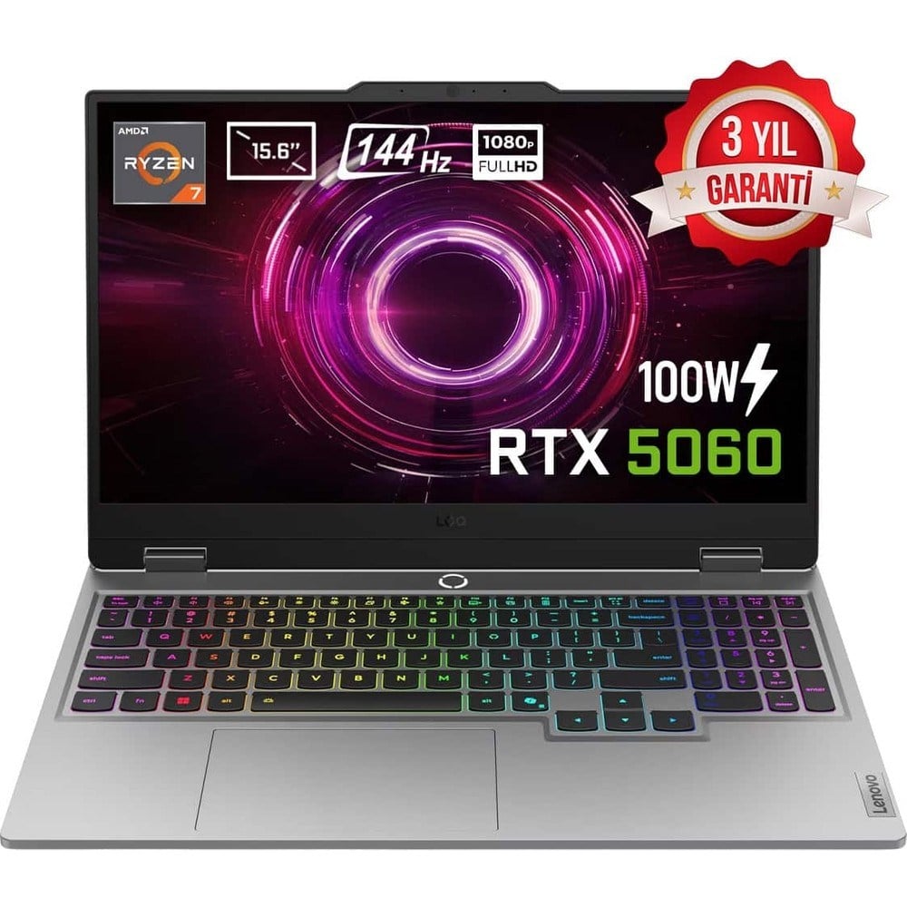 Lenovo LOQ 15AHP10 AMD Ryzen 7 250 16GB DDR5 1TB SSD RTX 5060 8GB 100W 15.6 inç Full HD 144Hz IPS FreeDos Gaming Laptop (83JG008UTR)