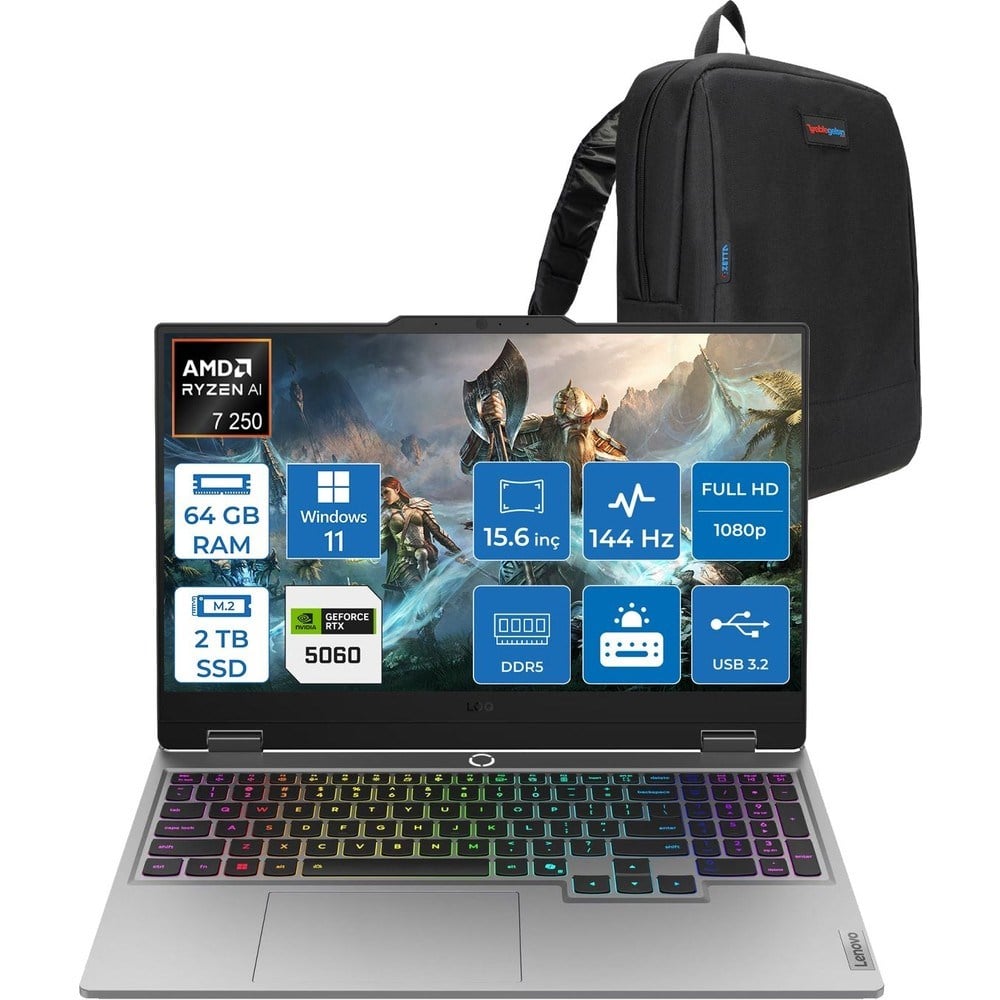 Lenovo Loq 15AHP10 Amd Ryzen 7 250 Aı 64GB Ddr5 2tb SSD 8GB/RTX5060 100W Gddr7 15.6