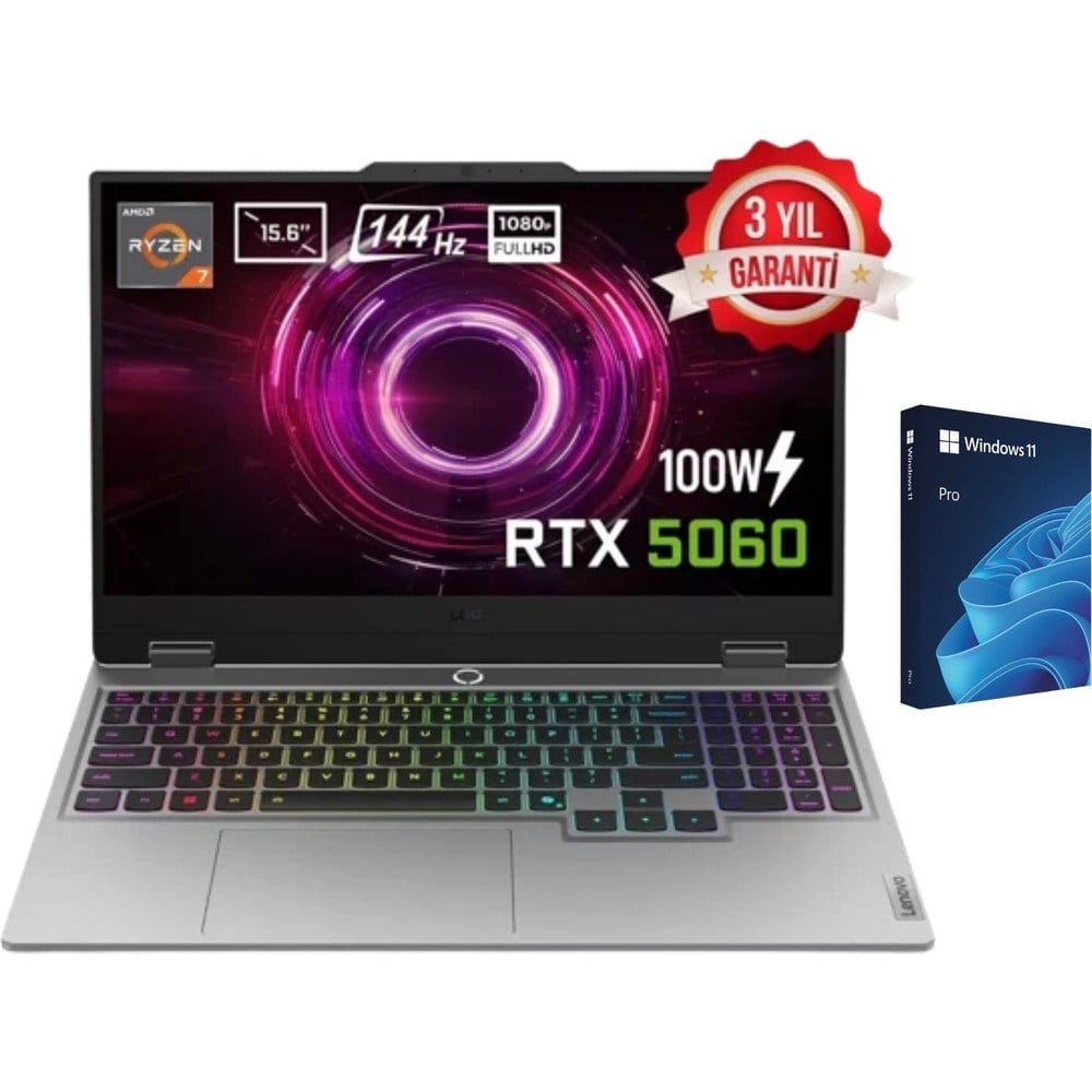 Lenovo Loq 15AHP10 Amd Ryzen 7 250 Geforce Rtx 5060 8gb 100W Windows 11 Pro Oem USB Kutu 15.6 Inç Full Hd 144Hz IPS Gaming Laptop (83JG008UTR)