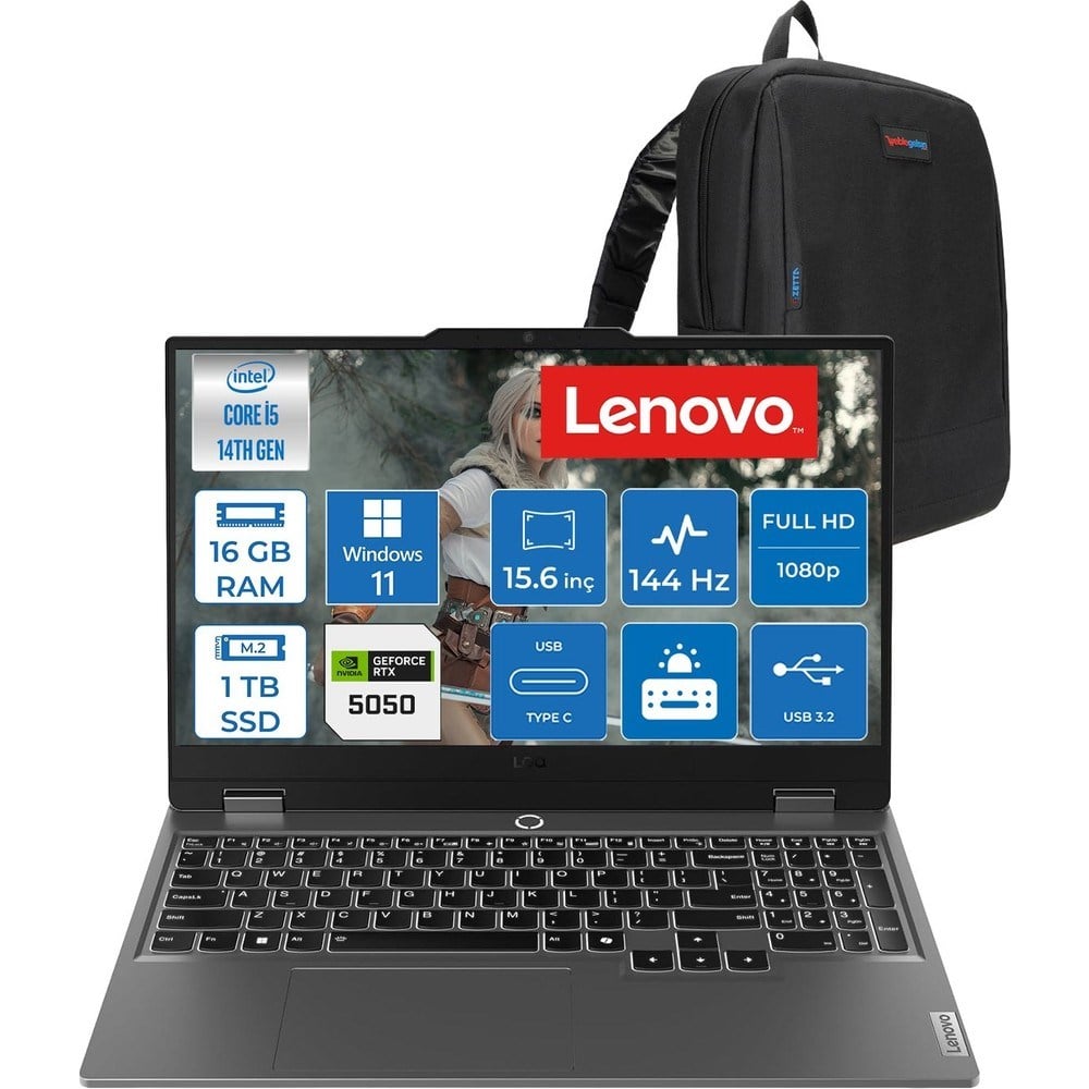 Lenovo Loq 15IRX10 Intel Core I5-14500HX 16GB Ddr5 1tb SSD RTX5050/8GB 100W 15,6 Inç Full Hd (1920X1080) IPS 300 Nit %100 Srgb, 144 Hz WIN11PRO Gaming Bilgisayar 83JE0128TRP03+ZETTAÇANTA