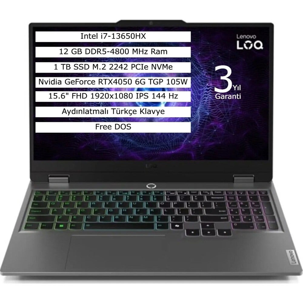Lenovo Loq 15IRX9 83DV0118TR I7 13650HX 16Gb 512GB SSD 6gb RTX4050 15.6