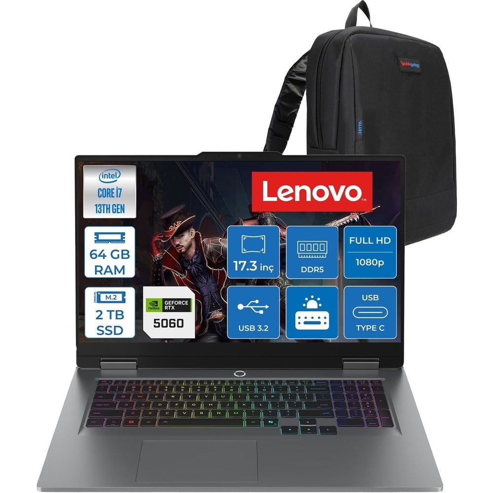 Lenovo Loq 17IRX10 Intel Core I7 13650HX 64GB Ddr5 2tb SSD RTX5060 8gb 115W Freedos 17.3 Inç Fhd (1920X1080) IPS 300NITS 165HZ 100% Srgb Taşınabilir Bilgisayar W83JH006ETRF33 + Zetta Çanta
