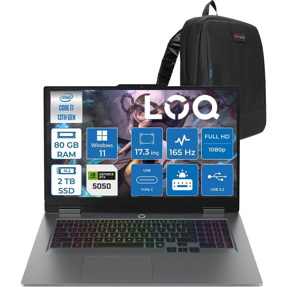 Lenovo Loq 17IRX10 Intel Core I7 13650HX 80GB Ddr5 2tb SSD RTX5050 8gb 115W Windows 11 Home 17.3 Inç Fhd (1920X1080) IPS 300NITS 165HZ 100% Srgb Taşınabilir Bilgisayar W83JH006CTRH39 + Zetta Çanta