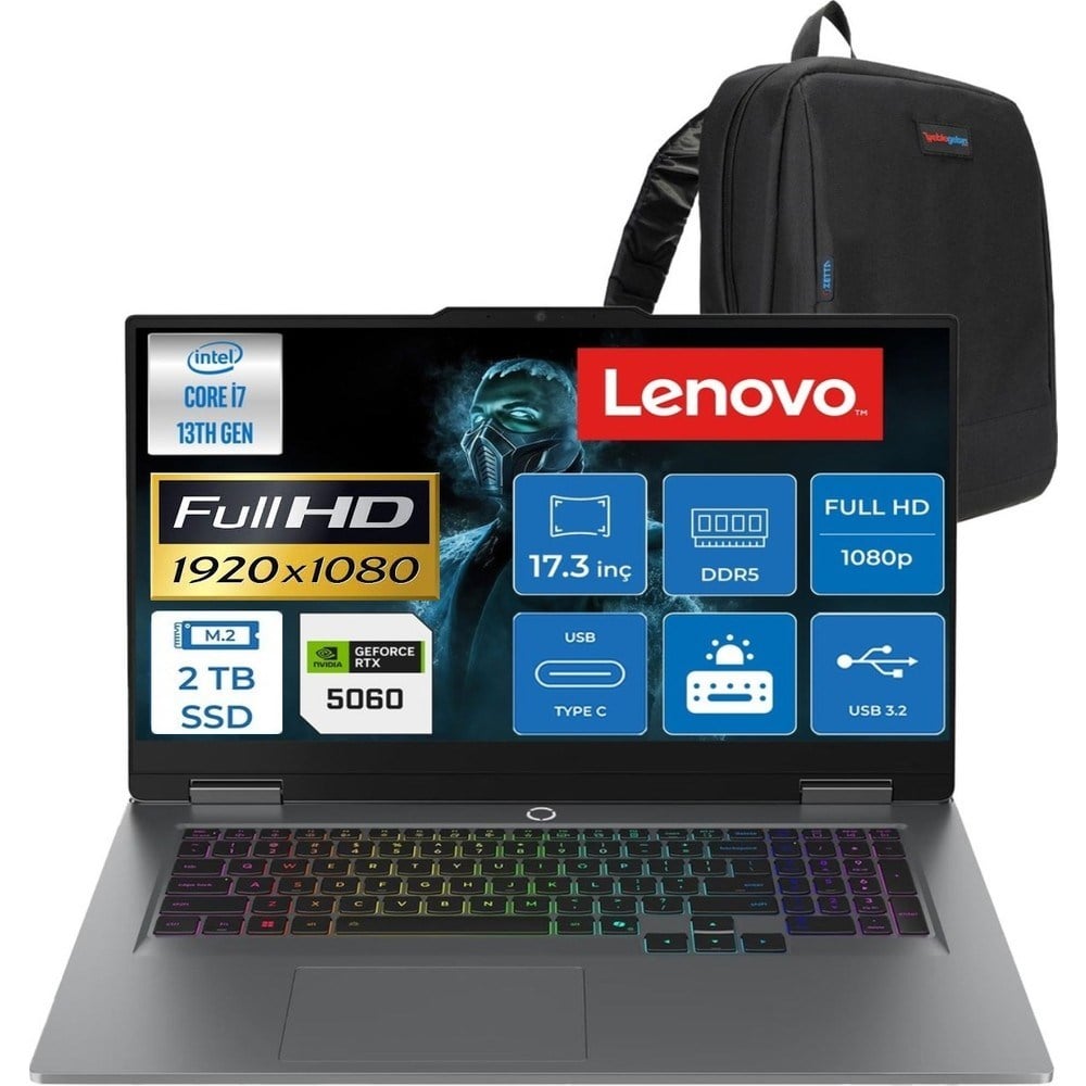 Lenovo Loq 17IRX10 Intel Core I7 13700HX 48GB Ddr5 2 Tb SSD RTX5060 8gb 115W WINDOWS11 17.3 Inç Fhd (1920X1080) IPS 300NITS 165HZ 100% Srgb Taşınabilir Bilgisayar W83JH00BQTRF01 + Cimete Çanta