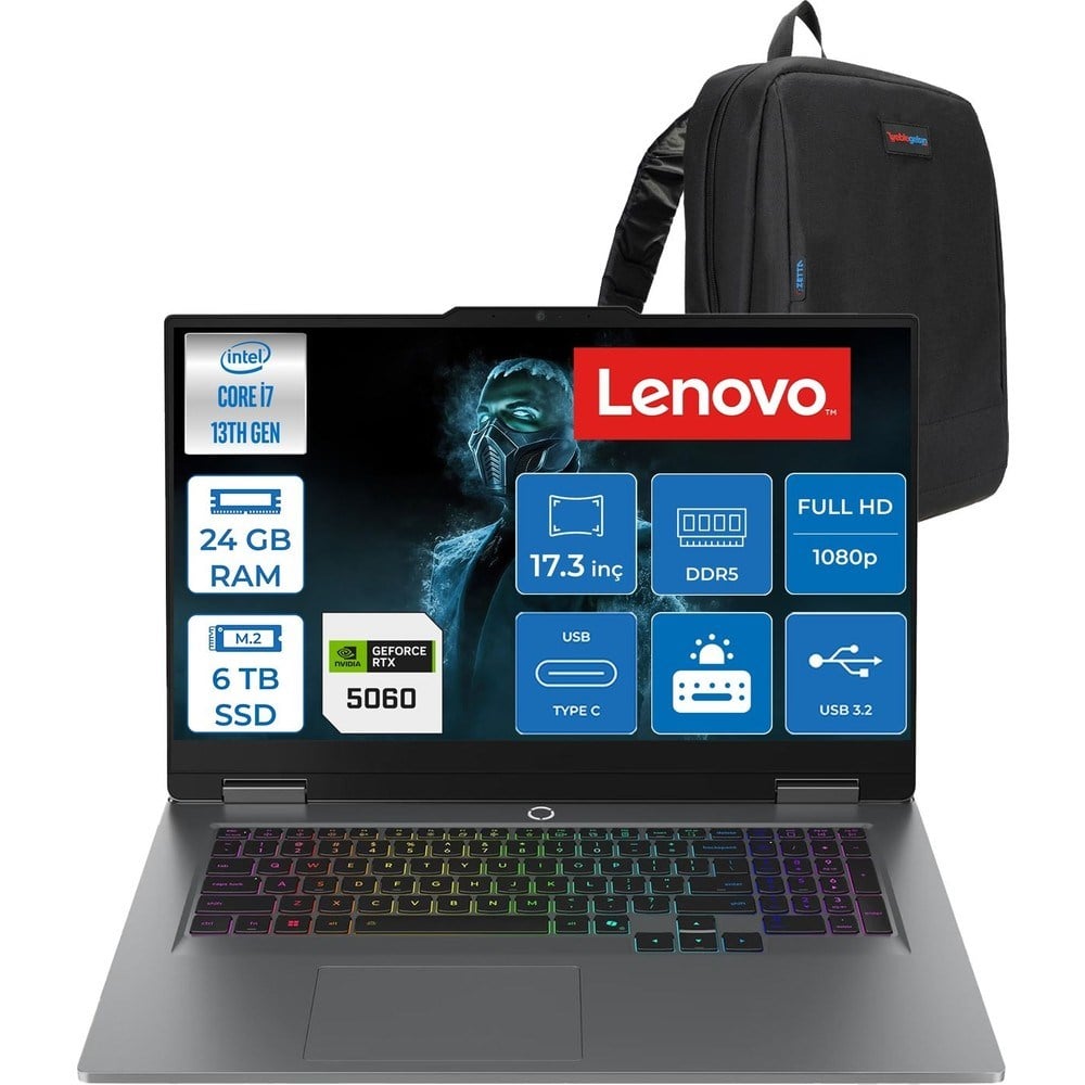Lenovo Loq 17IRX10 Intel Core I7 13700HX 24GB Ddr5 6tb SSD RTX5060 8gb 115W Freedos 17.3 Inç Fhd (1920X1080) IPS 300NITS 165HZ 100% Srgb Taşınabilir Bilgisayar W83JH00BQTRF11 + Zetta Çanta