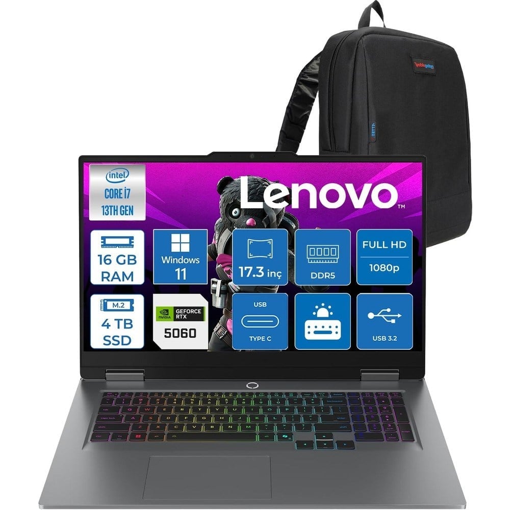 Lenovo Loq 17IRX10 Intel Core I7 13700HX 16GB Ddr5 4tb SSD RTX5060 8gb 115W Windows 11 Pro 17.3 Inç Fhd (1920X1080) IPS 300NITS 165HZ 100% Srgb Taşınabilir Bilgisayar W83JH009UTRP04 + Zetta Çanta