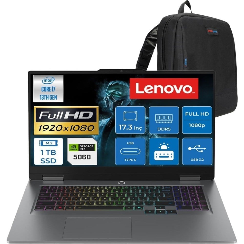 Lenovo Loq 17IRX10 Intel Core I7 13700HX 24GB Ddr5 1 Tb SSD RTX5060 8gb 115W WINDOWS11 17.3 Inç Fhd (1920X1080) IPS 300NITS 165HZ 100% Srgb Taşınabilir Bilgisayar W83JH00BQTRF01 + Cimete Çanta