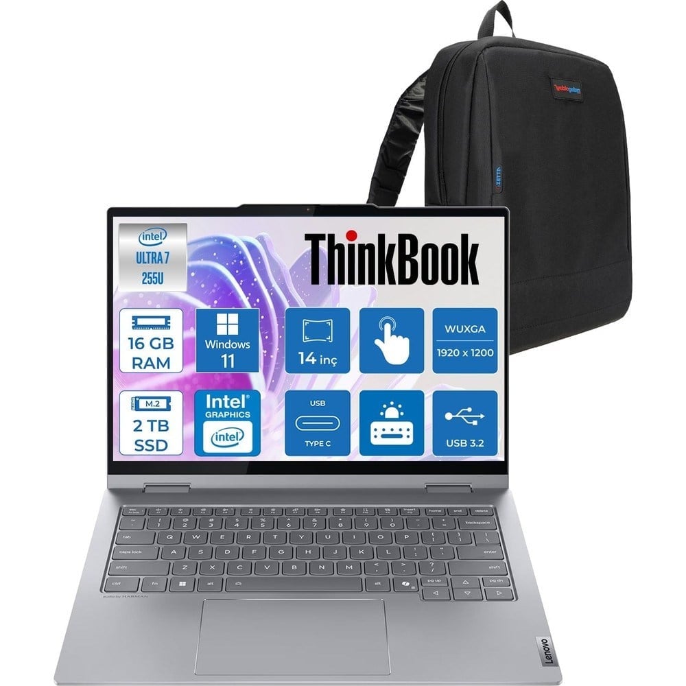 Lenovo Thinkbook 14 2-In-1 G5 Iau Intel Core Ultra 7 255U 16GB Ddr5 2tb SSD Windows 11 Pro Dokunmatik 14 Inç Wuxga (1920 x 1200) IPS 300NITS 21SQ002TTXP04 + Slim Pen ve Zetta Çanta
