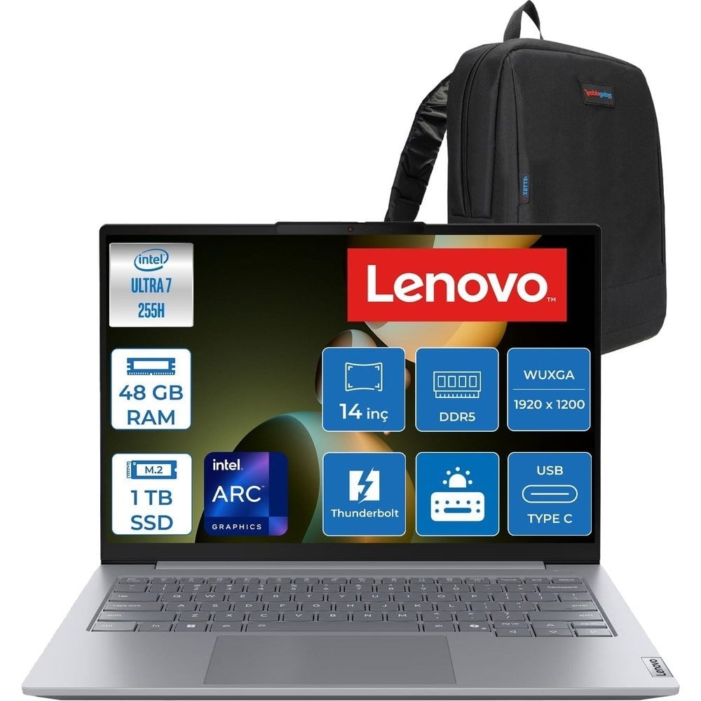 Lenovo Thinkbook 14 Gen8 Ial Intel Core Ultra 7 255H 5.1ghz 48GB Ddr5 1tb SSD Freedos Intel Arc 140T 14 Inç Wuxga (1920 x 1200) IPS 300NITS Taşınabilir Bilgisayar 21SJ007ATXF31 + Zetta Çanta
