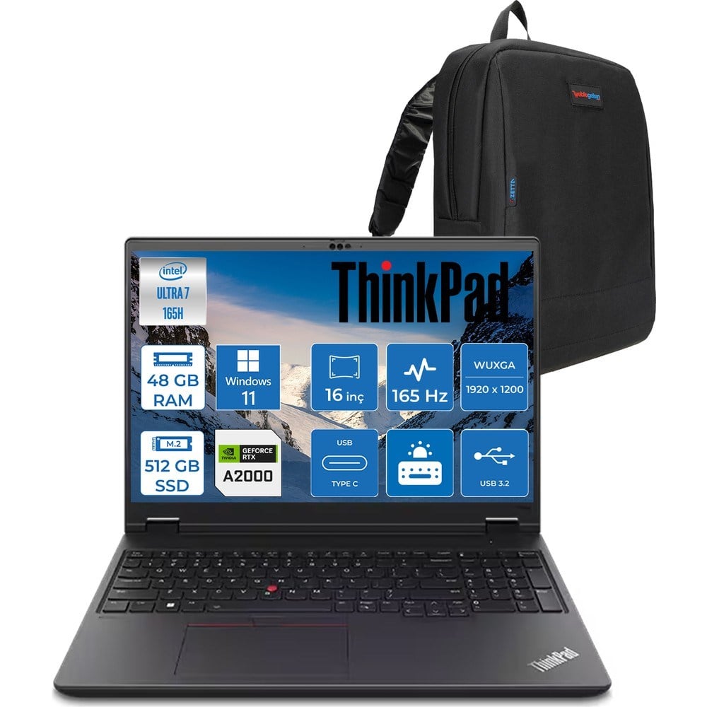 Lenovo Thinkpad Mws P16V Gen2 Intel Ultra 7 165H Vpro Aı 48GB 5600MHZ 512GBSSD 8GB/RTX2000ADA 16