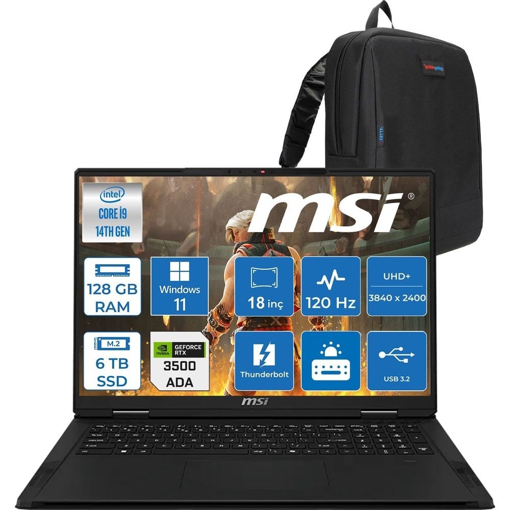MSI Msı Creatorpro X18 Hx A14VKSG-481TR Intel Core I9 14900HX 128GB Ddr5 6tb SSD Windows 11 Pro Rtx 3500 Ada Gddr6 12GB 175W 18 Inç Uhd+ (3840×2400) 120Hz Mobil Iş Istasyonu 481TRP21 + Zetta Çanta