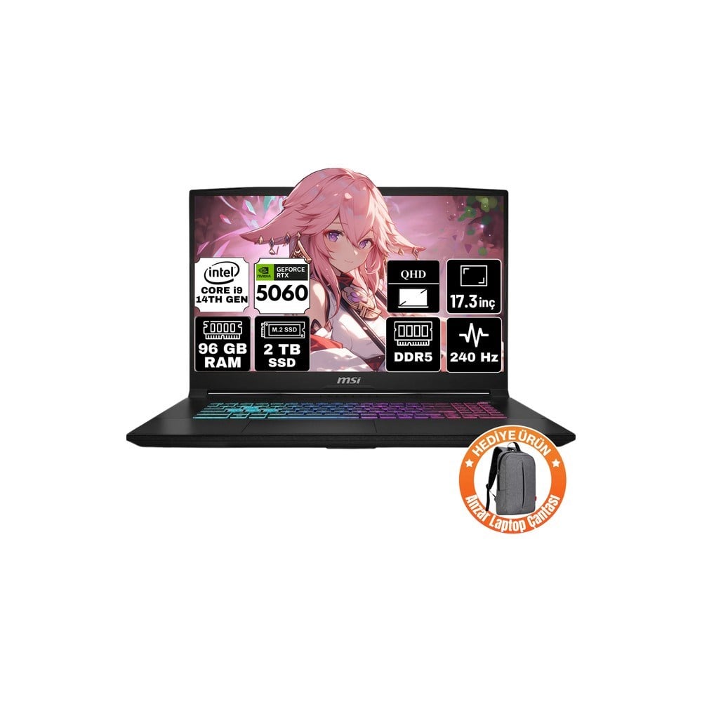MSI Msı Katana 17 Hx ıntel Core I9 14900HX 96GB 2tb SSD RTX5060 8gb Windows 11 Pro 17.3