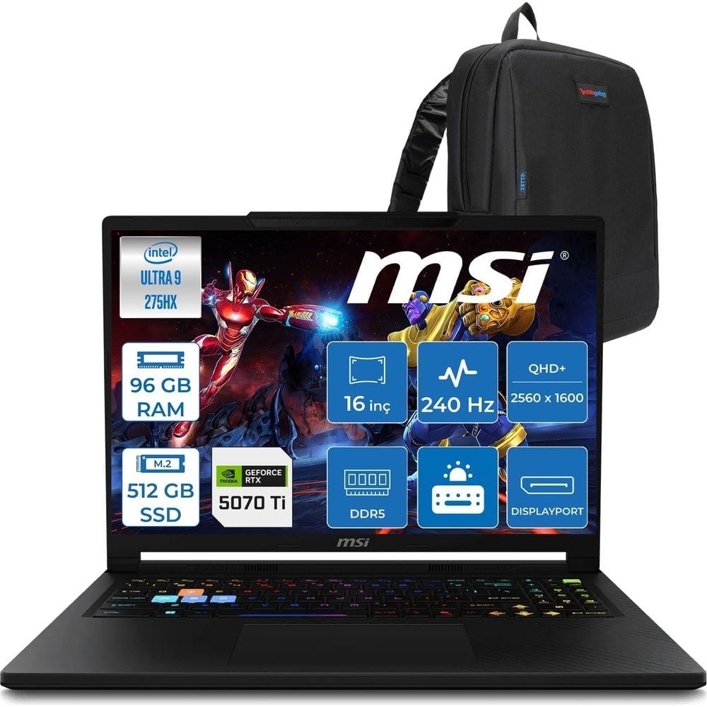 MSI Msı Raider 16 Hx B2WH-091TR Intel Ultra 9 275HX Aı 96GB Ddr5 512GB SSD 12GB/RTX5070Tİ 140W 16