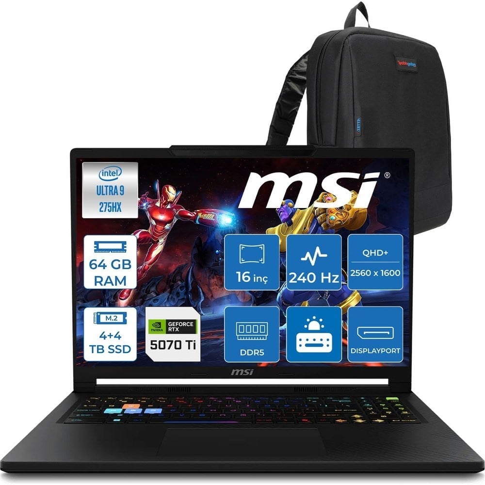 MSI Msı Raider 16 Hx B2WH-091TR Intel Ultra 9 275HX Aı 64GB Ddr5 4tb Ssd+4tb SSD 12GB/RTX5070Tİ 140W 16