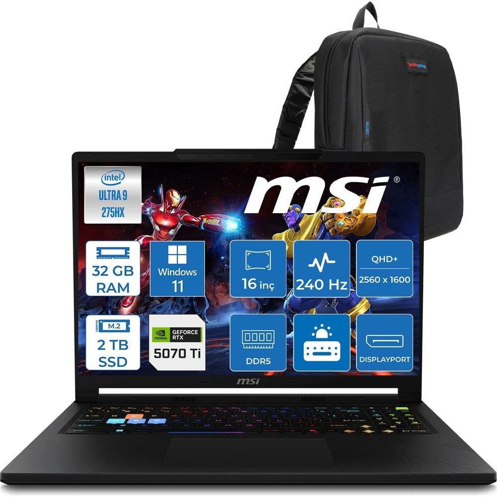 MSI Msı Raider 16 Hx B2WH-091TR Intel Ultra 9 275HX Aı 32GB Ddr5 2tb SSD 12GB/RTX5070Tİ 140W 16