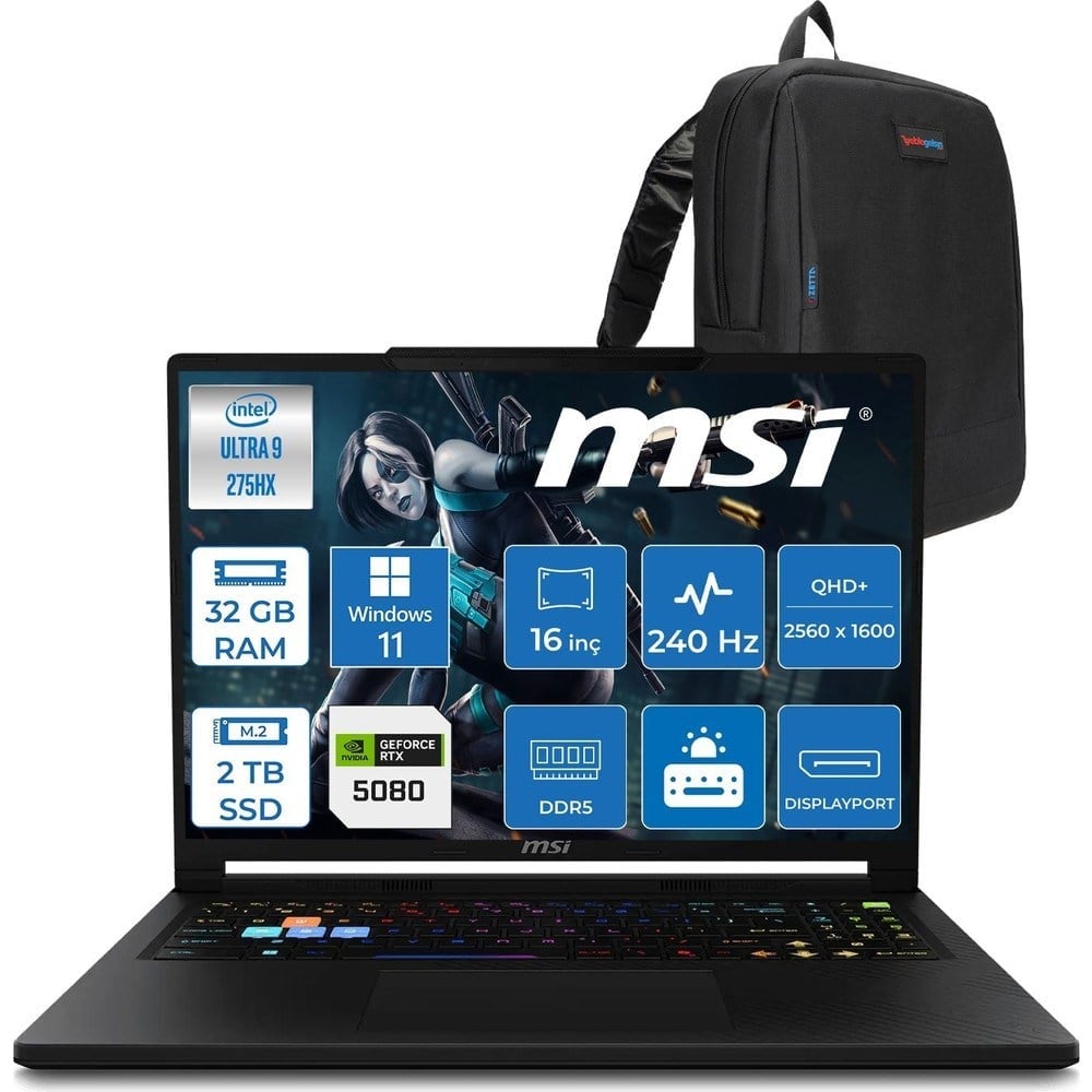 MSI Msı Raider 16 Hx B2WI-021TR Intel Ultra 9 275HX Aı 32GB Ddr5 2tb SSD 16GB/RTX5080 175W 16