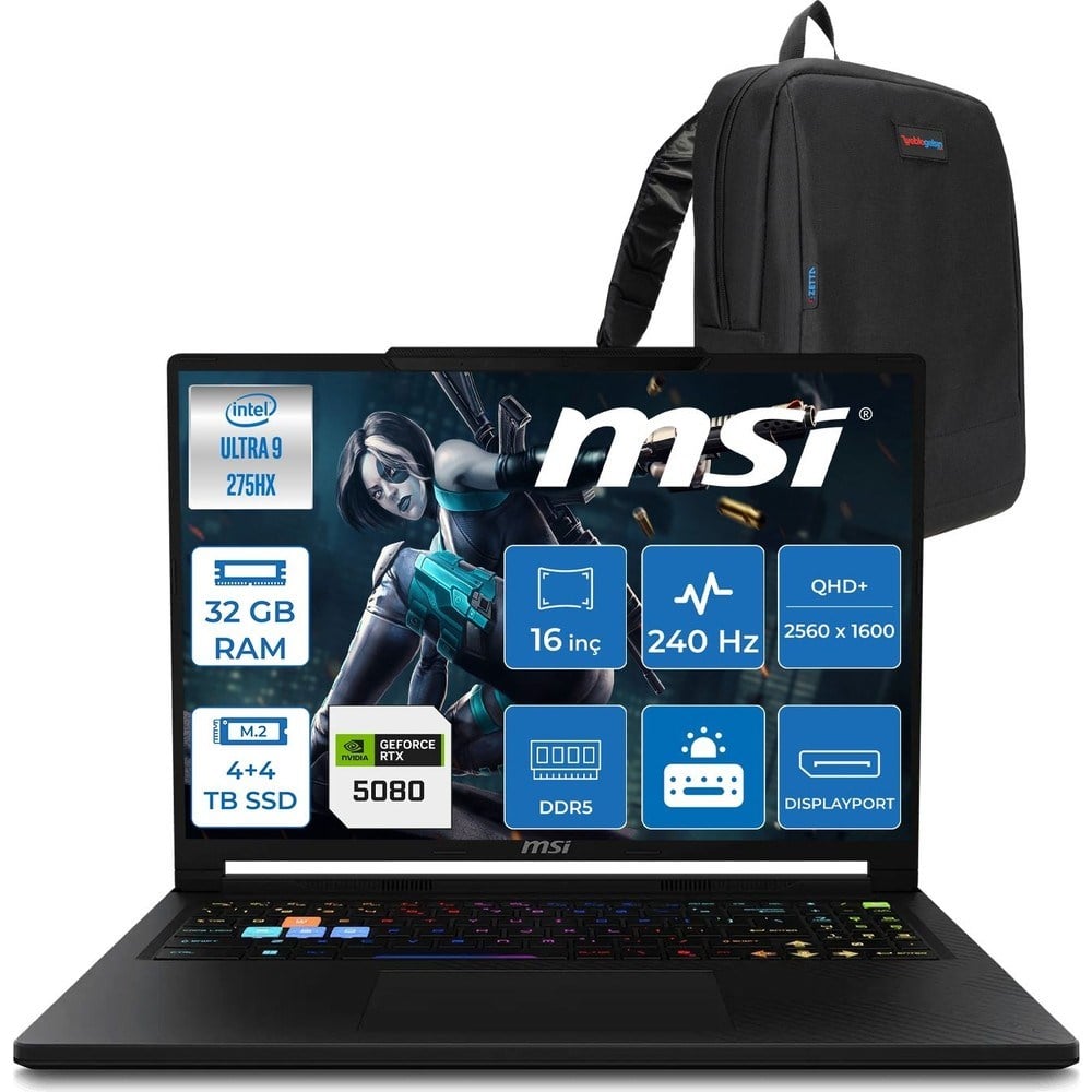MSI Msı Raider 16 Hx B2WI-021TR Intel Ultra 9 275HX Aı 32GB Ddr5 4tb Ssd+4tb SSD 16GB/RTX5080 175W 16