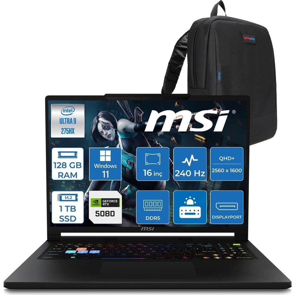 MSI Msı Raider 16 Hx B2WI-021TR Intel Ultra 9 275HX Aı 128GB Ddr5 1tb SSD 16GB/RTX5080 175W 16