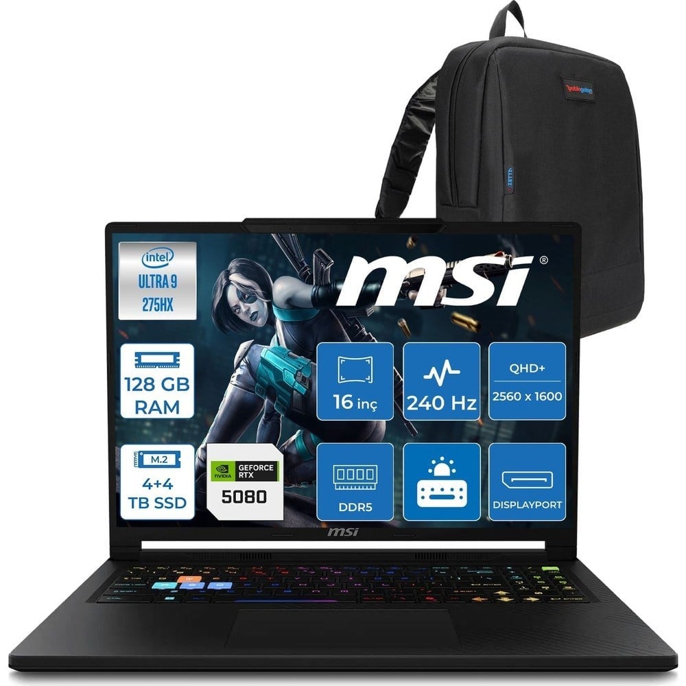 MSI Msı Raider 16 Hx B2WI-021TR Intel Ultra 9 275HX Aı 128GB Ddr5 4tb SSD +4tb SSD 16GB/RTX5080 175W 16