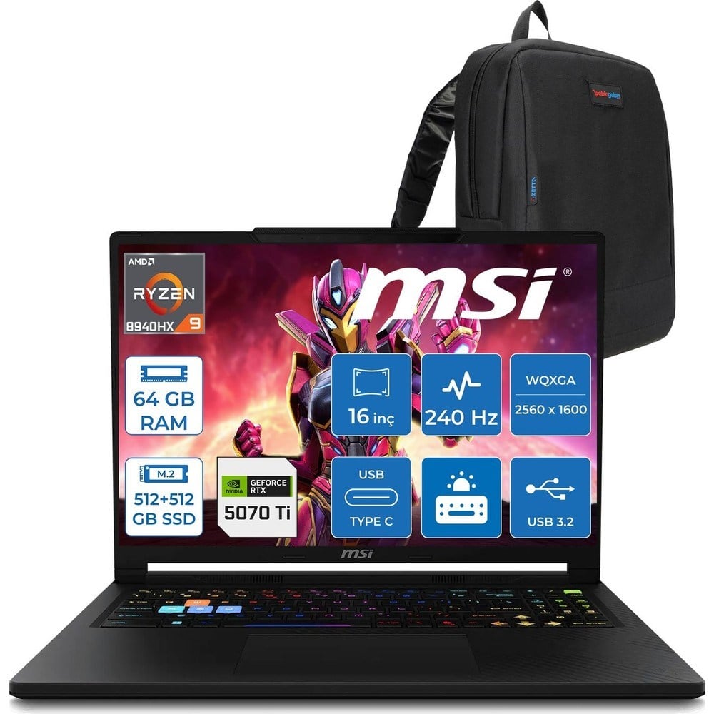 MSI Msı Raider 16 Hx B8WH-011TR Ryzen 9 8940HX Aı 64GB Ddr5 512GB SSD+512GB SSD 12GB/RTX5070Tİ 140W 16