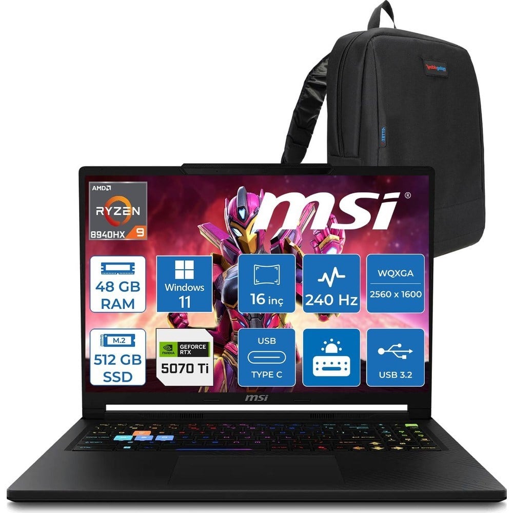 MSI Msı Raider 16 Hx B8WH-011TR Ryzen 9 8940HX Aı 48GB Ddr5 512GB SSD 12GB/RTX5070Tİ 140W 16