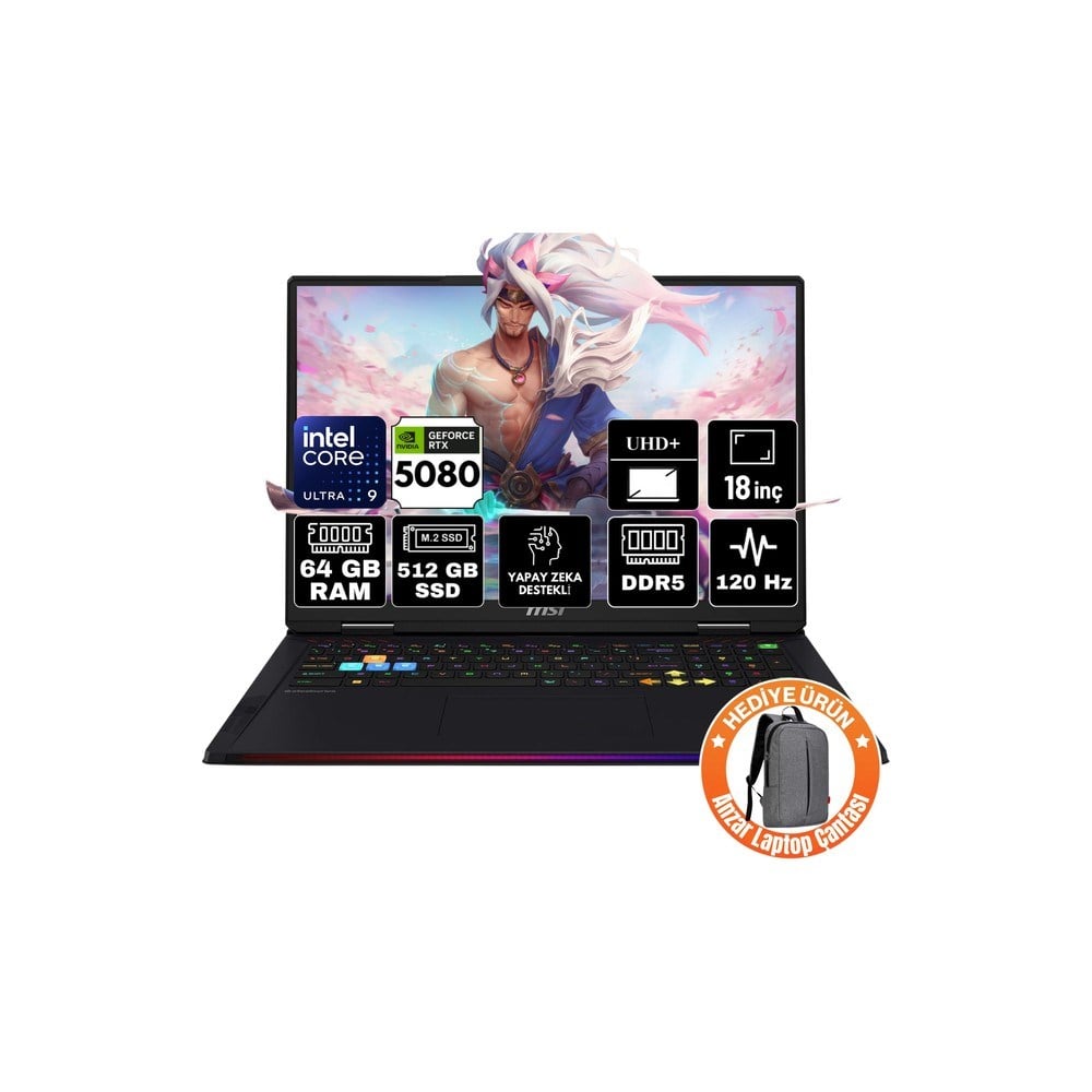 MSI Msı Raıder 18 Hx Aı Intel Core Ultra 9 285HX 64GB 512GB SSD RTX5080/16GB Windows 11 Pro 18