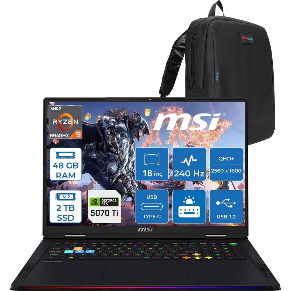 MSI Msı Raıder A18 Hx A8WHG-280TR Amd Ryzen 9 8940HX 48GB Ddr5 2tb SSD Rtx 5070 Ti 12GB Gddr7 140W Freedos 18” Qhd+ (2560X1600) 240Hz Ips-Level Oyuncu Bilgisayarı 280TRF07 + Zetta Çanta