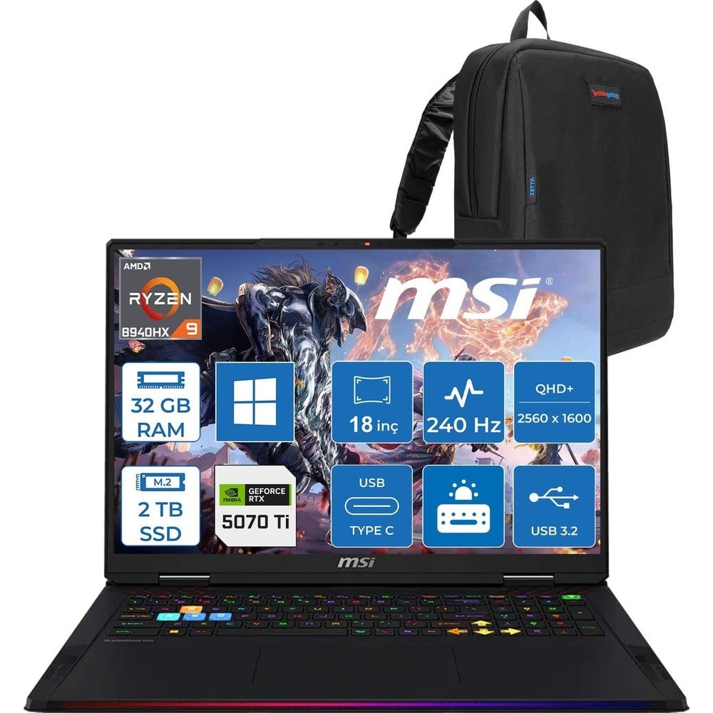 MSI Msı Raıder A18 Hx A8WHG-280TR Amd Ryzen 9 8940HX 32GB Ddr5 2tb SSD Rtx 5070 Ti 12GB Gddr7 140W Windows 11 Pro 18” Qhd+ (2560X1600) 240Hz Ips-Level Oyuncu Bilgisayarı 280TRP02 + Zetta Çanta