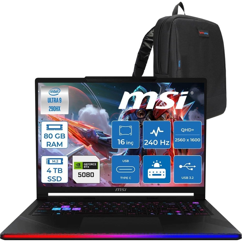 MSI Raider 16 Max Hx OLED B2WI-092TR Intel Core Ultra 9 290HX Plus 80GB Ddr5 4tb SSD Rtx 5080 16GB 175W Freedos 16” Qhd+ (2560X1600) 240Hz Oyuncu Bilgisayarı 092TRF18 + Zetta Çanta