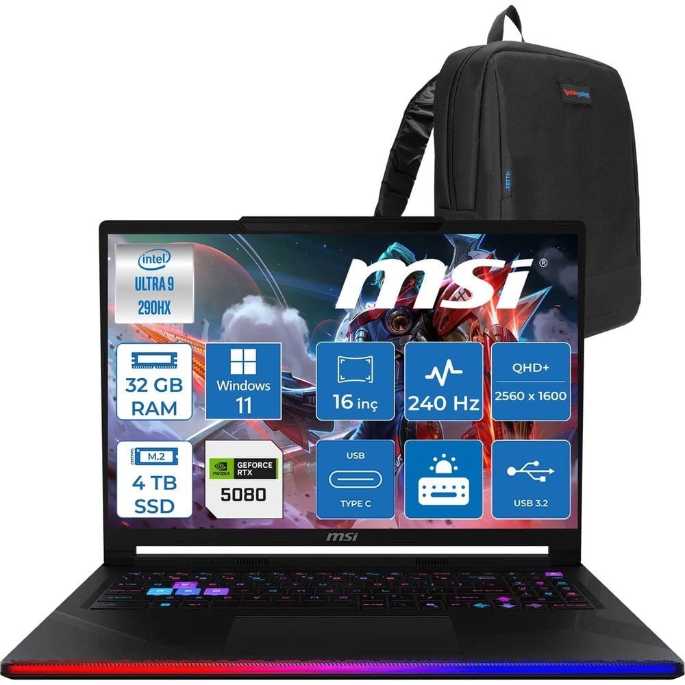 MSI Raider 16 Max Hx OLED B2WI-092TR Intel Core Ultra 9 290HX Plus 32GB Ddr5 4tb SSD Rtx 5080 16GB 175W Windows 11 Pro 16” Qhd+ (2560X1600) 240Hz Oyuncu Bilgisayarı 092TRP03 + Zetta Çanta
