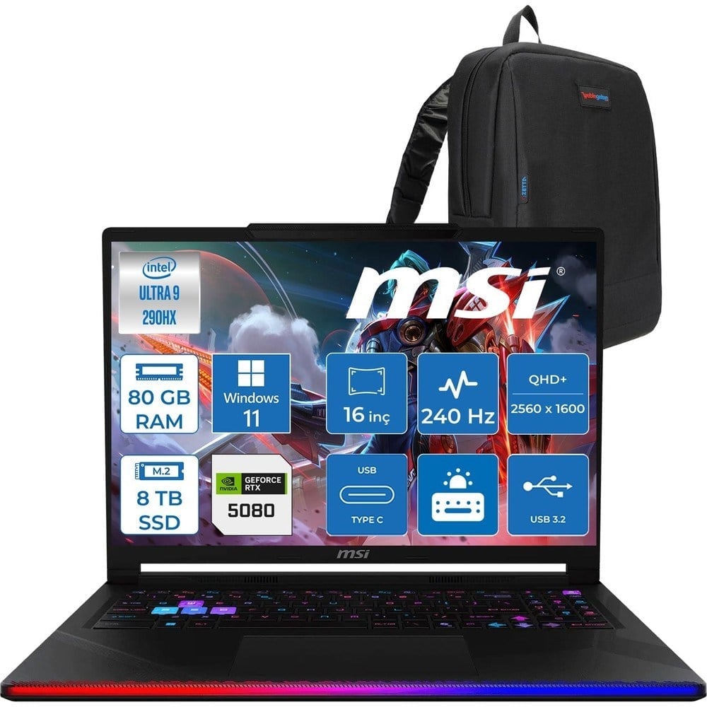 MSI Raider 16 Max Hx OLED B2WI-092TR Intel Core Ultra 9 290HX Plus 80GB Ddr5 8tb SSD Rtx 5080 16GB 175W Windows 11 Pro 16” Qhd+ (2560X1600) 240Hz Oyuncu Bilgisayarı 092TRP20 + Zetta Çanta