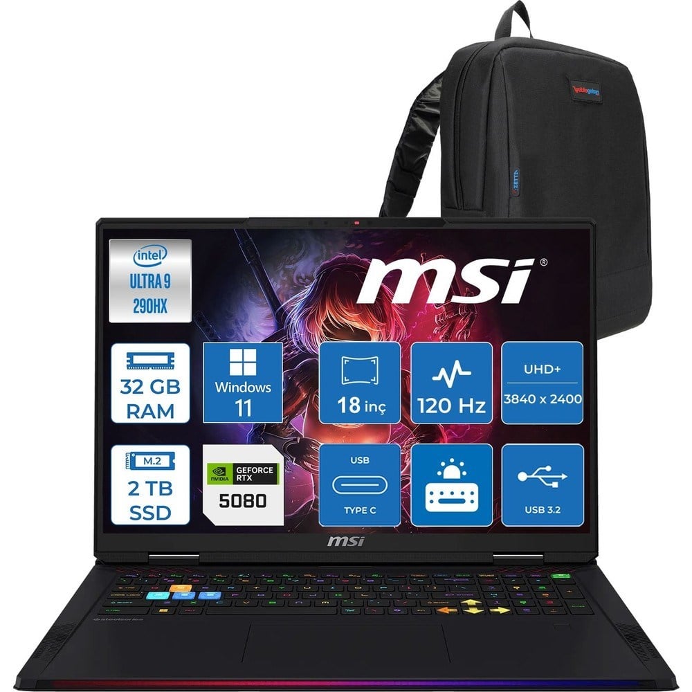 MSI Raider 18 Max Hx A2WI-1040TR Intel Core Ultra 9 290HX Plus 32GB Ddr5 2tb SSD Rtx 5080 16GB 175W Windows 11 Pro 18” Uhd+ (3840X2400) Miniled 120HZ IPS Oyuncu Bilgisayarı 1040TRP02 + Zetta Çanta