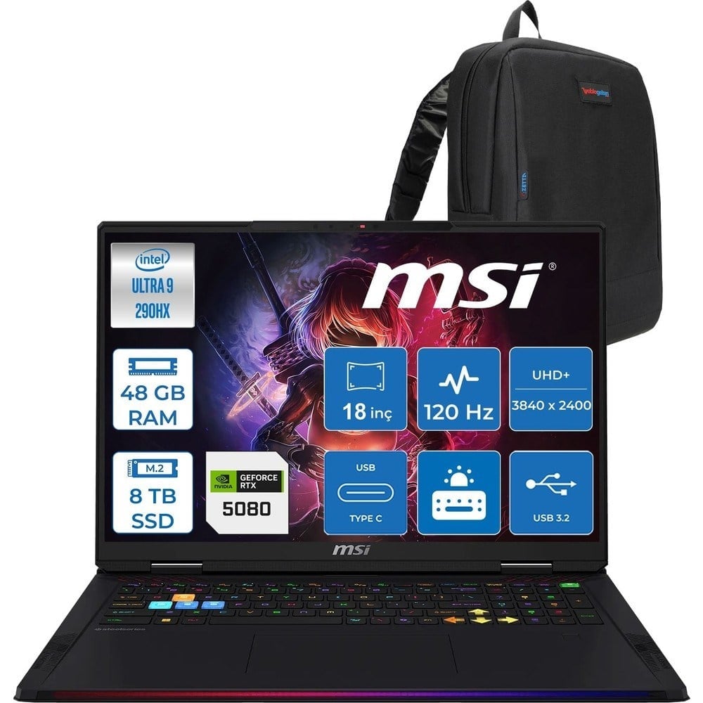 MSI Raider 18 Max Hx A2WI-1040TR Intel Core Ultra 9 290HX Plus 48GB Ddr5 8tb SSD Rtx 5080 16GB 175W Freedos 18” Uhd+ (3840X2400) Miniled 120HZ IPS Oyuncu Bilgisayarı 1040TRF10 + Zetta Çanta