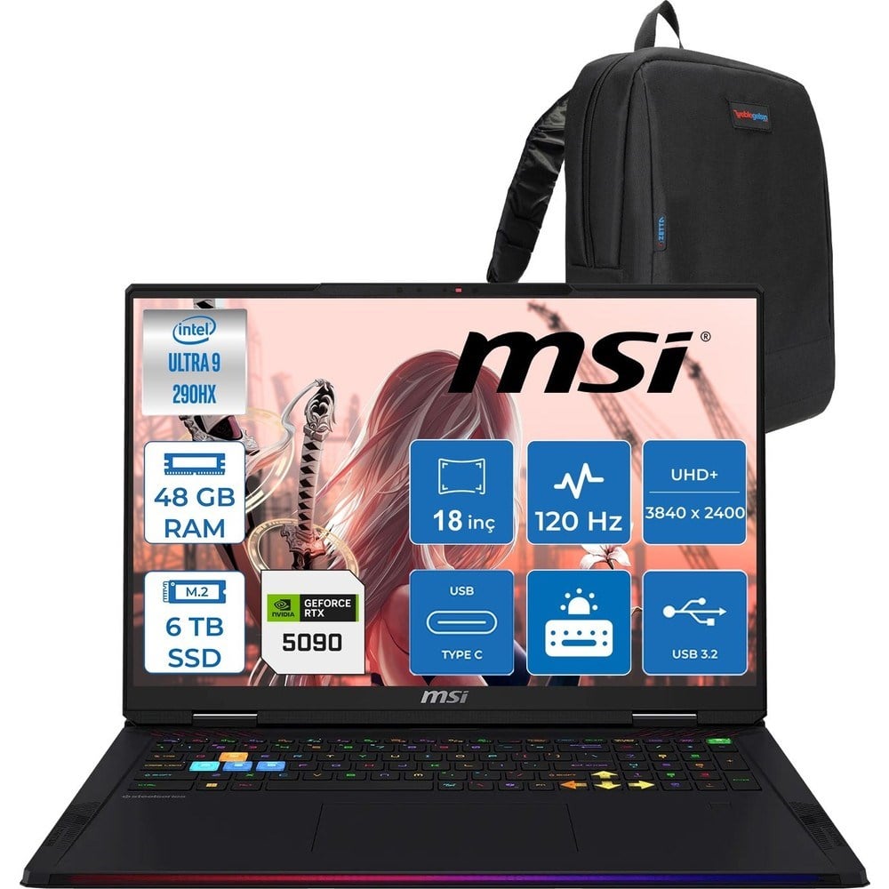 MSI Raider 18 Max Hx A2WJ-1059TR Intel Core Ultra 9 290HX Plus 48GB Ddr5 6tb SSD Rtx 5090 24GB 175W Freedos 18” Uhd+ (3840X2400) Miniled 120HZ IPS Oyuncu Bilgisayarı 1059TRF09 + Zetta Çanta