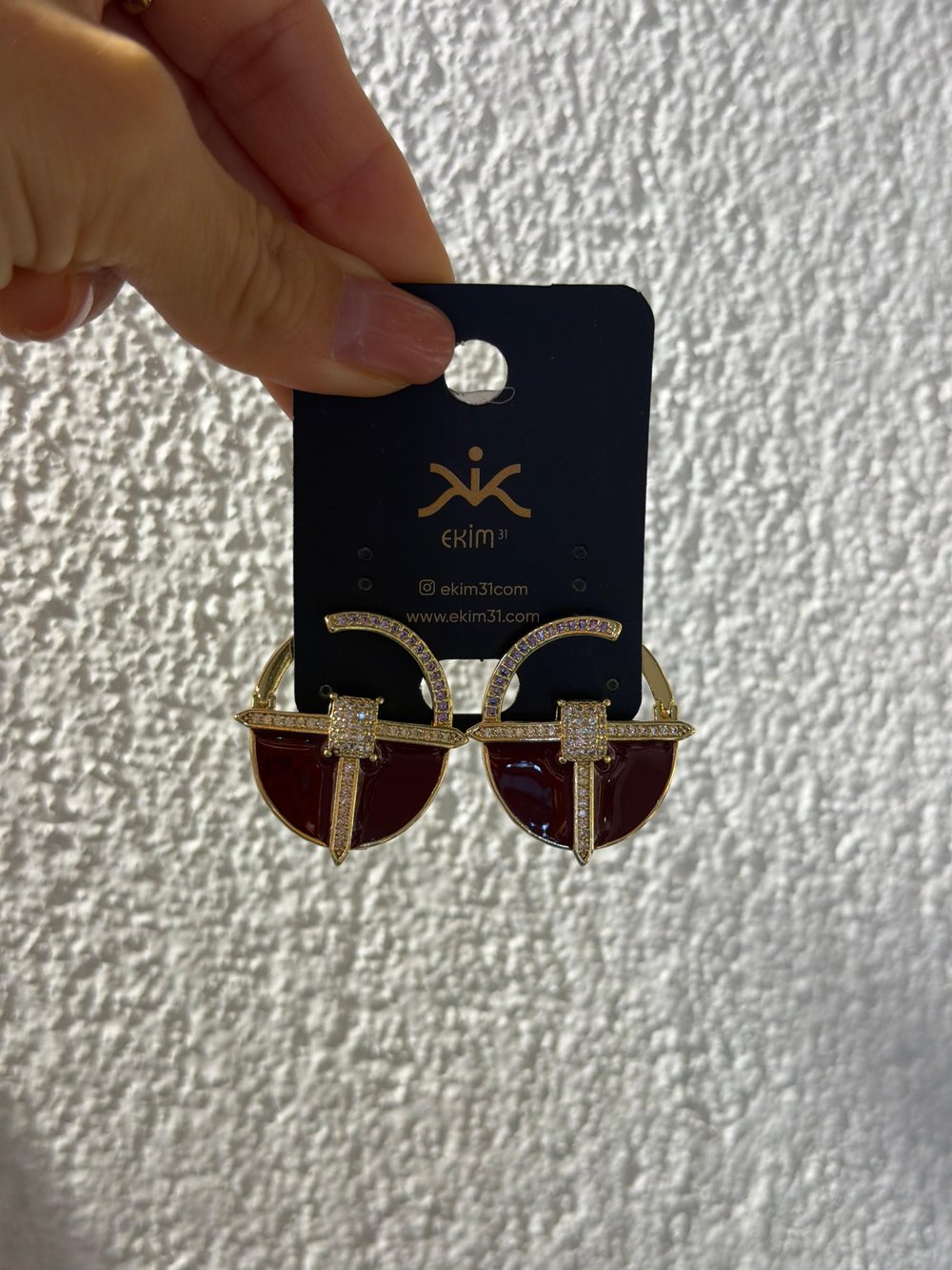 Bordo Yarım Daire Gold Küpe 