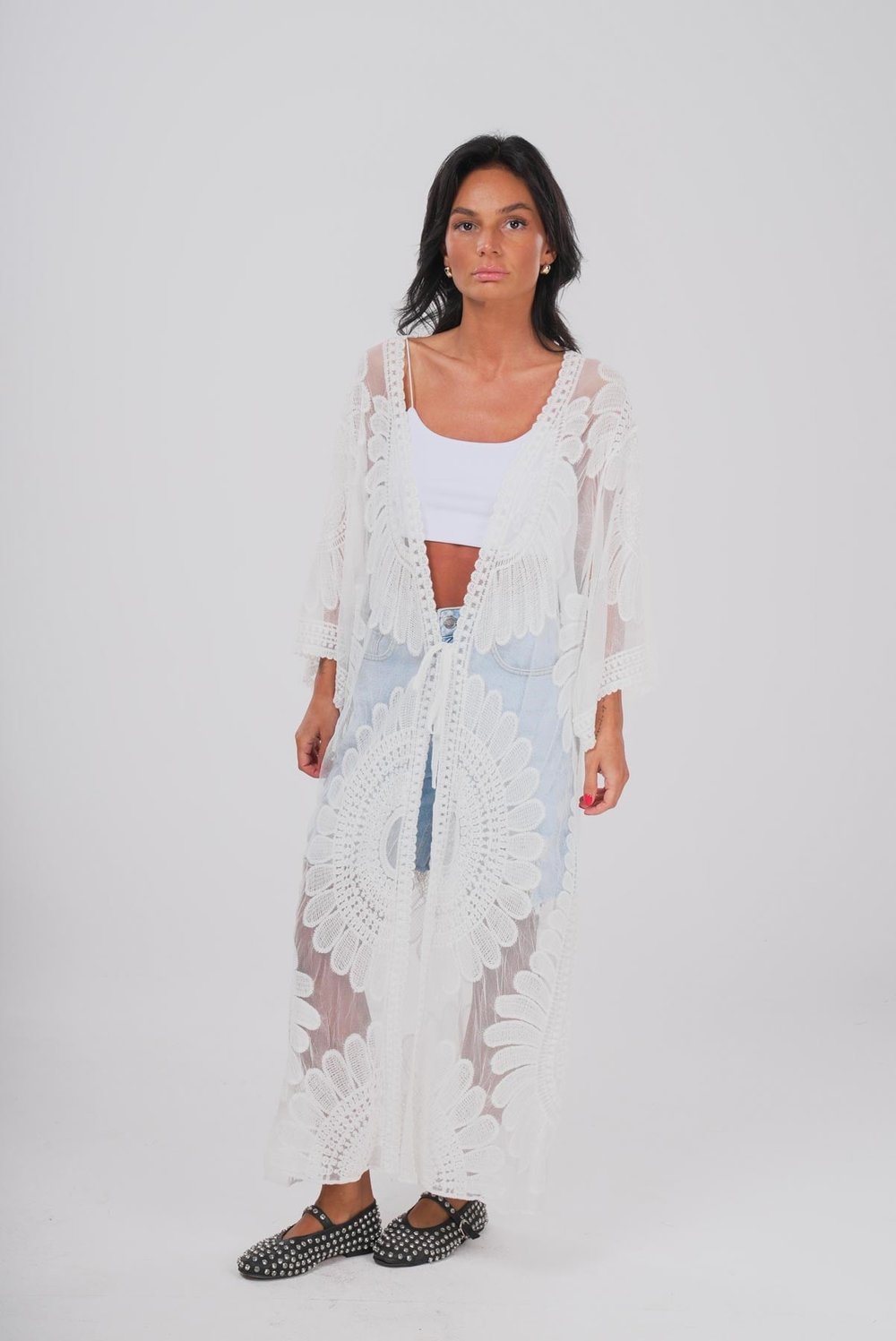Desenli Transparan | Bağlamalı Ekru Kimono