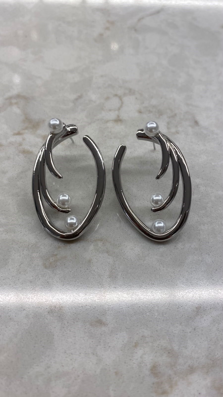 İncili Oval Silver Küpe
