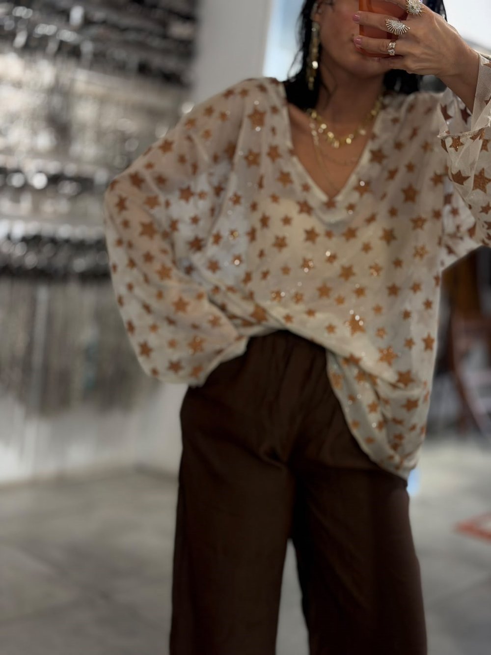Simli Ekru Renk Yıldızlı Oversize Bluz 