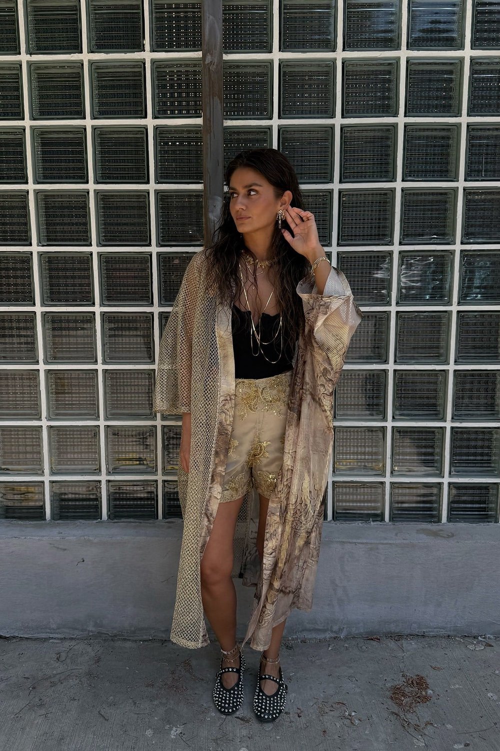 Uçuş | File Desen Detaylı Gold Kimono