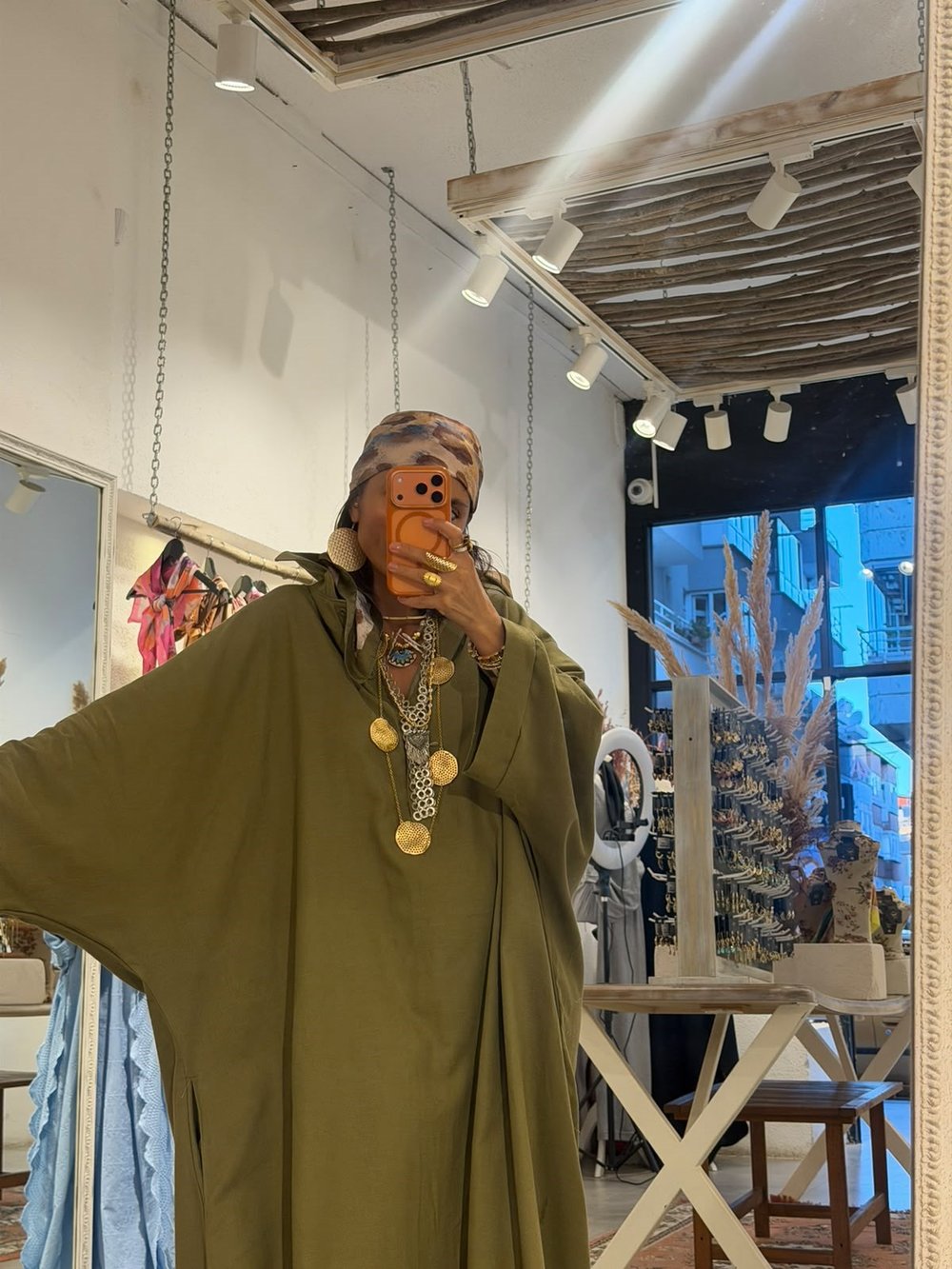 Yakalı Keten Yeşil Oversize Elbise
