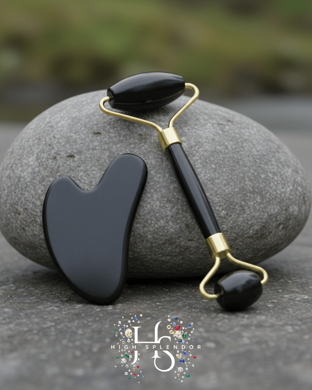 Obsidyen Doğal Taş 2li Set – Face Roller + Gua Sha Masaj Taşı
