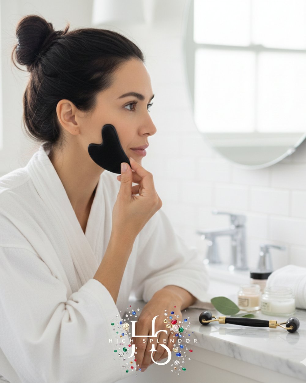 Obsidyen Doğal Taş 2li Set – Face Roller + Gua Sha Masaj Taşı