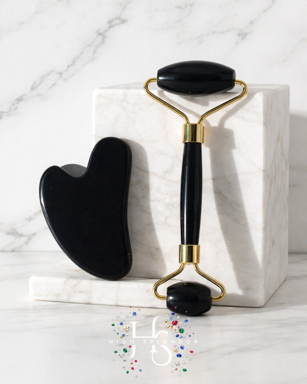 Obsidyen Doğal Taş 2li Set – Face Roller + Gua Sha Masaj Taşı