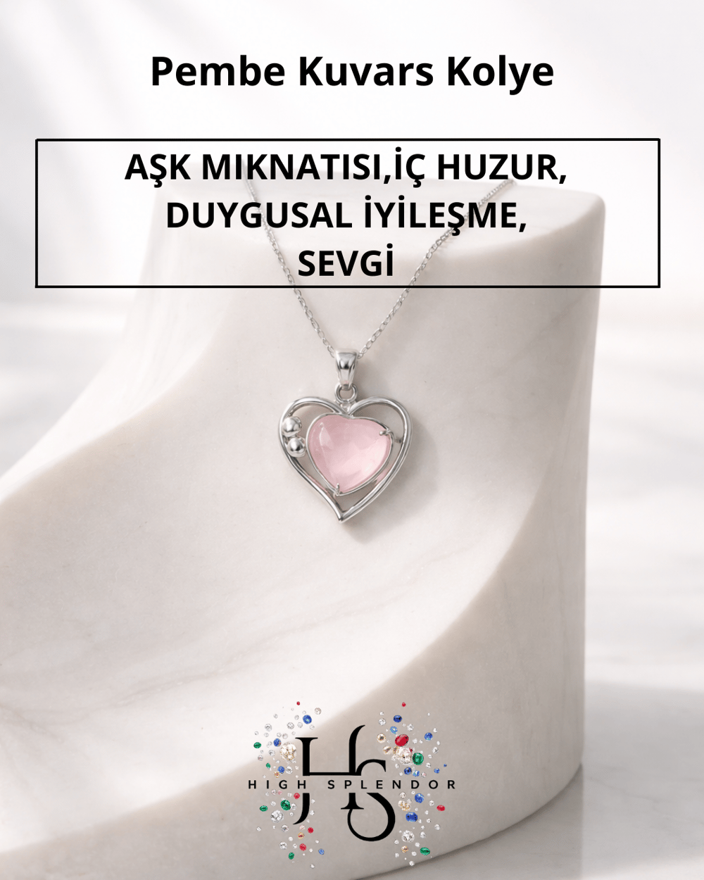 Pembe Kuvars Doğal Taş Kalp Kolye