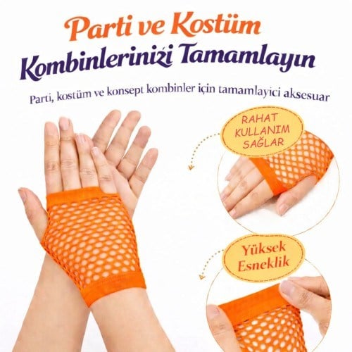 80’ler 90’lar Retro Neon Turuncu File Parmaksız Kısa Eldiven 11 cm