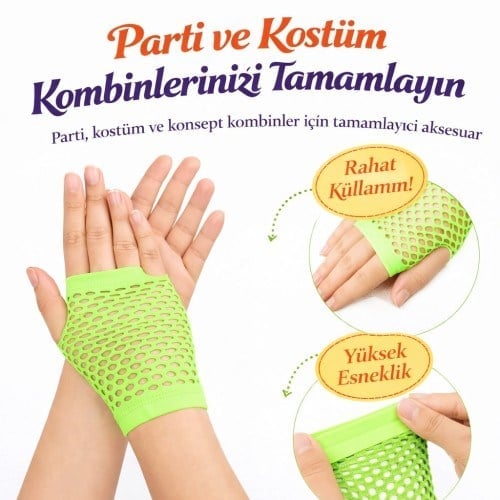 80’ler 90’lar Retro Neon Yeşil File Parmaksız Kısa Eldiven 11 cm